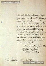 Gener-maig de 1939: acreditacions de mestres adreçades a l’alcalde de Manresa o a les autoritats pertinents per demostrar que exercien com a professors en escoles de la ciutat abans de l’arribada de les tropes franquistes i per indicar el sou que rebien. Els mestres que s’acrediten són: Concepció Abadal i Puigferrat, Trinitat Colomina Muràs, Àngela Mató Puigmitjà, Rosa Borràs Llauradó, Julita Llop Masqué, Pau Guiu Domingo, Dolors Mas de la Fuente, Guadalupe Guisasola Rodríguez, Josepa Borràs Aragonès, Felisa Rufas Clavera, Ramon Santacana Minguell, Aparici Jané Vila, Guadalupe Jané Cornet, Maria del Olvido Álvarez Álvarez, Ildefonsa Matamala Barnet, Valeri Caldas Altimiras, Carme Montagut Simó, Enric Morató Alguacil, Maria Teresa Llorens, Concepció Serrano Hernández, Maria Rosario Biel Casals, Maria Vall Soldevila, Carme Piqué Bartolomé, Josep Vidal Monge, Maria Garriga Pons, Teresa Llasera Sala, Ramon Pallàs Prades, Maria Llaveries Viladomiu, Vicenta Cuende Sierra, Josepa Riera Vives, Rosa Macau Roig, Vicenç Ramírez Tormo, Maria Teresa Bruto Sans, Hermenegild Lladó Bilarrubies, Pilar Espada Cristóbal, Purificació Espada Cristóbal, Dolors Ribes Grau, Assumpció Tomàs Suades, Rosa Fortuny Riera, Josep Martínez Aguado, Assumpció Rovira Tenas, Antònia Trapé Carrera, Aureli Górriz Vivas, Eugènia Giró Ortega, Pere Aloy Anell, Maties Modest Vicente Giménez, Joan Martí Garriga i Aurora Bernal Navarro. (Arxiu Municipal de Manresa)