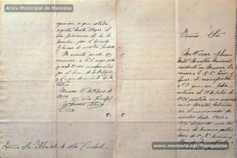 Gener-maig de 1939: acreditacions de mestres adreçades a l’alcalde de Manresa o a les autoritats pertinents per demostrar que exercien com a professors en escoles de la ciutat abans de l’arribada de les tropes franquistes i per indicar el sou que rebien. Els mestres que s’acrediten són: Concepció Abadal i Puigferrat, Trinitat Colomina Muràs, Àngela Mató Puigmitjà, Rosa Borràs Llauradó, Julita Llop Masqué, Pau Guiu Domingo, Dolors Mas de la Fuente, Guadalupe Guisasola Rodríguez, Josepa Borràs Aragonès, Felisa Rufas Clavera, Ramon Santacana Minguell, Aparici Jané Vila, Guadalupe Jané Cornet, Maria del Olvido Álvarez Álvarez, Ildefonsa Matamala Barnet, Valeri Caldas Altimiras, Carme Montagut Simó, Enric Morató Alguacil, Maria Teresa Llorens, Concepció Serrano Hernández, Maria Rosario Biel Casals, Maria Vall Soldevila, Carme Piqué Bartolomé, Josep Vidal Monge, Maria Garriga Pons, Teresa Llasera Sala, Ramon Pallàs Prades, Maria Llaveries Viladomiu, Vicenta Cuende Sierra, Josepa Riera Vives, Rosa Macau Roig, Vicenç Ramírez Tormo, Maria Teresa Bruto Sans, Hermenegild Lladó Bilarrubies, Pilar Espada Cristóbal, Purificació Espada Cristóbal, Dolors Ribes Grau, Assumpció Tomàs Suades, Rosa Fortuny Riera, Josep Martínez Aguado, Assumpció Rovira Tenas, Antònia Trapé Carrera, Aureli Górriz Vivas, Eugènia Giró Ortega, Pere Aloy Anell, Maties Modest Vicente Giménez, Joan Martí Garriga i Aurora Bernal Navarro. (Arxiu Municipal de Manresa)