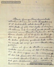 Gener-maig de 1939: acreditacions de mestres adreçades a l’alcalde de Manresa o a les autoritats pertinents per demostrar que exercien com a professors en escoles de la ciutat abans de l’arribada de les tropes franquistes i per indicar el sou que rebien. Els mestres que s’acrediten són: Concepció Abadal i Puigferrat, Trinitat Colomina Muràs, Àngela Mató Puigmitjà, Rosa Borràs Llauradó, Julita Llop Masqué, Pau Guiu Domingo, Dolors Mas de la Fuente, Guadalupe Guisasola Rodríguez, Josepa Borràs Aragonès, Felisa Rufas Clavera, Ramon Santacana Minguell, Aparici Jané Vila, Guadalupe Jané Cornet, Maria del Olvido Álvarez Álvarez, Ildefonsa Matamala Barnet, Valeri Caldas Altimiras, Carme Montagut Simó, Enric Morató Alguacil, Maria Teresa Llorens, Concepció Serrano Hernández, Maria Rosario Biel Casals, Maria Vall Soldevila, Carme Piqué Bartolomé, Josep Vidal Monge, Maria Garriga Pons, Teresa Llasera Sala, Ramon Pallàs Prades, Maria Llaveries Viladomiu, Vicenta Cuende Sierra, Josepa Riera Vives, Rosa Macau Roig, Vicenç Ramírez Tormo, Maria Teresa Bruto Sans, Hermenegild Lladó Bilarrubies, Pilar Espada Cristóbal, Purificació Espada Cristóbal, Dolors Ribes Grau, Assumpció Tomàs Suades, Rosa Fortuny Riera, Josep Martínez Aguado, Assumpció Rovira Tenas, Antònia Trapé Carrera, Aureli Górriz Vivas, Eugènia Giró Ortega, Pere Aloy Anell, Maties Modest Vicente Giménez, Joan Martí Garriga i Aurora Bernal Navarro. (Arxiu Municipal de Manresa)