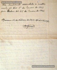 Gener-maig de 1939: acreditacions de mestres adreçades a l’alcalde de Manresa o a les autoritats pertinents per demostrar que exercien com a professors en escoles de la ciutat abans de l’arribada de les tropes franquistes i per indicar el sou que rebien. Els mestres que s’acrediten són: Concepció Abadal i Puigferrat, Trinitat Colomina Muràs, Àngela Mató Puigmitjà, Rosa Borràs Llauradó, Julita Llop Masqué, Pau Guiu Domingo, Dolors Mas de la Fuente, Guadalupe Guisasola Rodríguez, Josepa Borràs Aragonès, Felisa Rufas Clavera, Ramon Santacana Minguell, Aparici Jané Vila, Guadalupe Jané Cornet, Maria del Olvido Álvarez Álvarez, Ildefonsa Matamala Barnet, Valeri Caldas Altimiras, Carme Montagut Simó, Enric Morató Alguacil, Maria Teresa Llorens, Concepció Serrano Hernández, Maria Rosario Biel Casals, Maria Vall Soldevila, Carme Piqué Bartolomé, Josep Vidal Monge, Maria Garriga Pons, Teresa Llasera Sala, Ramon Pallàs Prades, Maria Llaveries Viladomiu, Vicenta Cuende Sierra, Josepa Riera Vives, Rosa Macau Roig, Vicenç Ramírez Tormo, Maria Teresa Bruto Sans, Hermenegild Lladó Bilarrubies, Pilar Espada Cristóbal, Purificació Espada Cristóbal, Dolors Ribes Grau, Assumpció Tomàs Suades, Rosa Fortuny Riera, Josep Martínez Aguado, Assumpció Rovira Tenas, Antònia Trapé Carrera, Aureli Górriz Vivas, Eugènia Giró Ortega, Pere Aloy Anell, Maties Modest Vicente Giménez, Joan Martí Garriga i Aurora Bernal Navarro. (Arxiu Municipal de Manresa)