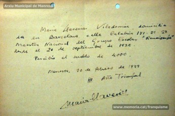 Gener-maig de 1939: acreditacions de mestres adreçades a l’alcalde de Manresa o a les autoritats pertinents per demostrar que exercien com a professors en escoles de la ciutat abans de l’arribada de les tropes franquistes i per indicar el sou que rebien. Els mestres que s’acrediten són: Concepció Abadal i Puigferrat, Trinitat Colomina Muràs, Àngela Mató Puigmitjà, Rosa Borràs Llauradó, Julita Llop Masqué, Pau Guiu Domingo, Dolors Mas de la Fuente, Guadalupe Guisasola Rodríguez, Josepa Borràs Aragonès, Felisa Rufas Clavera, Ramon Santacana Minguell, Aparici Jané Vila, Guadalupe Jané Cornet, Maria del Olvido Álvarez Álvarez, Ildefonsa Matamala Barnet, Valeri Caldas Altimiras, Carme Montagut Simó, Enric Morató Alguacil, Maria Teresa Llorens, Concepció Serrano Hernández, Maria Rosario Biel Casals, Maria Vall Soldevila, Carme Piqué Bartolomé, Josep Vidal Monge, Maria Garriga Pons, Teresa Llasera Sala, Ramon Pallàs Prades, Maria Llaveries Viladomiu, Vicenta Cuende Sierra, Josepa Riera Vives, Rosa Macau Roig, Vicenç Ramírez Tormo, Maria Teresa Bruto Sans, Hermenegild Lladó Bilarrubies, Pilar Espada Cristóbal, Purificació Espada Cristóbal, Dolors Ribes Grau, Assumpció Tomàs Suades, Rosa Fortuny Riera, Josep Martínez Aguado, Assumpció Rovira Tenas, Antònia Trapé Carrera, Aureli Górriz Vivas, Eugènia Giró Ortega, Pere Aloy Anell, Maties Modest Vicente Giménez, Joan Martí Garriga i Aurora Bernal Navarro. (Arxiu Municipal de Manresa)