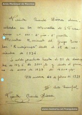 Gener-maig de 1939: acreditacions de mestres adreçades a l’alcalde de Manresa o a les autoritats pertinents per demostrar que exercien com a professors en escoles de la ciutat abans de l’arribada de les tropes franquistes i per indicar el sou que rebien. Els mestres que s’acrediten són: Concepció Abadal i Puigferrat, Trinitat Colomina Muràs, Àngela Mató Puigmitjà, Rosa Borràs Llauradó, Julita Llop Masqué, Pau Guiu Domingo, Dolors Mas de la Fuente, Guadalupe Guisasola Rodríguez, Josepa Borràs Aragonès, Felisa Rufas Clavera, Ramon Santacana Minguell, Aparici Jané Vila, Guadalupe Jané Cornet, Maria del Olvido Álvarez Álvarez, Ildefonsa Matamala Barnet, Valeri Caldas Altimiras, Carme Montagut Simó, Enric Morató Alguacil, Maria Teresa Llorens, Concepció Serrano Hernández, Maria Rosario Biel Casals, Maria Vall Soldevila, Carme Piqué Bartolomé, Josep Vidal Monge, Maria Garriga Pons, Teresa Llasera Sala, Ramon Pallàs Prades, Maria Llaveries Viladomiu, Vicenta Cuende Sierra, Josepa Riera Vives, Rosa Macau Roig, Vicenç Ramírez Tormo, Maria Teresa Bruto Sans, Hermenegild Lladó Bilarrubies, Pilar Espada Cristóbal, Purificació Espada Cristóbal, Dolors Ribes Grau, Assumpció Tomàs Suades, Rosa Fortuny Riera, Josep Martínez Aguado, Assumpció Rovira Tenas, Antònia Trapé Carrera, Aureli Górriz Vivas, Eugènia Giró Ortega, Pere Aloy Anell, Maties Modest Vicente Giménez, Joan Martí Garriga i Aurora Bernal Navarro. (Arxiu Municipal de Manresa)