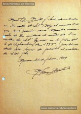 Gener-maig de 1939: acreditacions de mestres adreçades a l’alcalde de Manresa o a les autoritats pertinents per demostrar que exercien com a professors en escoles de la ciutat abans de l’arribada de les tropes franquistes i per indicar el sou que rebien. Els mestres que s’acrediten són: Concepció Abadal i Puigferrat, Trinitat Colomina Muràs, Àngela Mató Puigmitjà, Rosa Borràs Llauradó, Julita Llop Masqué, Pau Guiu Domingo, Dolors Mas de la Fuente, Guadalupe Guisasola Rodríguez, Josepa Borràs Aragonès, Felisa Rufas Clavera, Ramon Santacana Minguell, Aparici Jané Vila, Guadalupe Jané Cornet, Maria del Olvido Álvarez Álvarez, Ildefonsa Matamala Barnet, Valeri Caldas Altimiras, Carme Montagut Simó, Enric Morató Alguacil, Maria Teresa Llorens, Concepció Serrano Hernández, Maria Rosario Biel Casals, Maria Vall Soldevila, Carme Piqué Bartolomé, Josep Vidal Monge, Maria Garriga Pons, Teresa Llasera Sala, Ramon Pallàs Prades, Maria Llaveries Viladomiu, Vicenta Cuende Sierra, Josepa Riera Vives, Rosa Macau Roig, Vicenç Ramírez Tormo, Maria Teresa Bruto Sans, Hermenegild Lladó Bilarrubies, Pilar Espada Cristóbal, Purificació Espada Cristóbal, Dolors Ribes Grau, Assumpció Tomàs Suades, Rosa Fortuny Riera, Josep Martínez Aguado, Assumpció Rovira Tenas, Antònia Trapé Carrera, Aureli Górriz Vivas, Eugènia Giró Ortega, Pere Aloy Anell, Maties Modest Vicente Giménez, Joan Martí Garriga i Aurora Bernal Navarro. (Arxiu Municipal de Manresa)