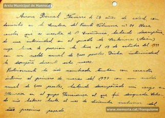 Gener-maig de 1939: acreditacions de mestres adreçades a l’alcalde de Manresa o a les autoritats pertinents per demostrar que exercien com a professors en escoles de la ciutat abans de l’arribada de les tropes franquistes i per indicar el sou que rebien. Els mestres que s’acrediten són: Concepció Abadal i Puigferrat, Trinitat Colomina Muràs, Àngela Mató Puigmitjà, Rosa Borràs Llauradó, Julita Llop Masqué, Pau Guiu Domingo, Dolors Mas de la Fuente, Guadalupe Guisasola Rodríguez, Josepa Borràs Aragonès, Felisa Rufas Clavera, Ramon Santacana Minguell, Aparici Jané Vila, Guadalupe Jané Cornet, Maria del Olvido Álvarez Álvarez, Ildefonsa Matamala Barnet, Valeri Caldas Altimiras, Carme Montagut Simó, Enric Morató Alguacil, Maria Teresa Llorens, Concepció Serrano Hernández, Maria Rosario Biel Casals, Maria Vall Soldevila, Carme Piqué Bartolomé, Josep Vidal Monge, Maria Garriga Pons, Teresa Llasera Sala, Ramon Pallàs Prades, Maria Llaveries Viladomiu, Vicenta Cuende Sierra, Josepa Riera Vives, Rosa Macau Roig, Vicenç Ramírez Tormo, Maria Teresa Bruto Sans, Hermenegild Lladó Bilarrubies, Pilar Espada Cristóbal, Purificació Espada Cristóbal, Dolors Ribes Grau, Assumpció Tomàs Suades, Rosa Fortuny Riera, Josep Martínez Aguado, Assumpció Rovira Tenas, Antònia Trapé Carrera, Aureli Górriz Vivas, Eugènia Giró Ortega, Pere Aloy Anell, Maties Modest Vicente Giménez, Joan Martí Garriga i Aurora Bernal Navarro. (Arxiu Municipal de Manresa)