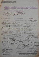 5/08/1940: circular del Gobierno Civil de Barcelona sobre “El uso del idioma nacional en todos los servicios públicos”, recogiendo lo dispuesto en el BOP del 31 de julio de 1940. En él se proclama el español como único idioma válido para la vida pública, al tiempo que relega los idiomas “regionales” a la vida privada. La primera disposición señala que "todos los funcionarios interinos de las Corporaciones provinciales y municipales de esta provincia, cualesquiera que sea su categoría, que en acto de servicio, dentro o fuera de los edificios oficiales, se expresen en otro idioma, que no sea el oficial del Estado quedarán ‘ipso facto’ destituidos, sin ulterior recurso". En el documento se pueden ver las firmas de todos los funcionaros del Ayuntamiento de Manresa, ya que fueron obligados a firmar el correspondiente enterado. Algunos funcionarios del cuerpo de guardias de paseo firmaron con la hulla dactilar por no saber escribir. (Arxiu Comarcal del Bages)