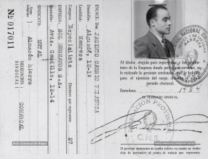 1954. Jacint Carrió va ser escollit representant de la ferreteria Sol Hermanos, SA al sindicat vertical el 1954 i va mantenir el càrrec fins al 1958. (Arxiu Comarcal del Bages. Fons Jacint Carrió i Vilaseca)