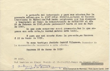 22/03/1958. Document en què Carrió dóna fe que el manresà Josep Señal Esclusa va ser internat al camp de Mauthausen. (Arxiu Comarcal del Bages. Fons Jacint Carrió i Vilaseca)