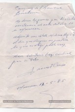 13-5-1985. Carta de Jacint Carrió als “companys de l’Amical” en què els dona les gràcies per l’assistència el dia 10 de maig a l’homenatge a Joaquim Amat-Piniella. (Arxiu Històric de l’Amical de Mauthausen).