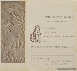 (3/4) Febrer de 1969. Cartells anunciadors de l’homenatge que Indústries i Magatzems Jorba i el Cercle Artístic dedicaren a Lluís Uró i Servitja (1903-1938) escultor, dibuixant i pintor manresà que havia treballat a la secció de propaganda dels Magatzems Jorba de Manresa.