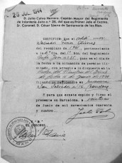 Document de llicència de Salvador Farrés signat a Barcelona el 26 de juny de 1944 pel coronel César Sáez de Santamaria de los Ríos.