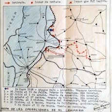 Mapa dibuixat al quadern de memòries de Jaume Navarro titulat «Mapa de las operaciones de mi campaña» on s’especifica també la retirada, els llocs de combat i l’indret on va ser ferit prop d’Agramunt. El lapse de temps va des del 23 de maig del 1938 a l’atac a la Sentiu, que qualifica de fracàs terrible, fins el 6-11 de gener del 1939 amb el front de retirada.
