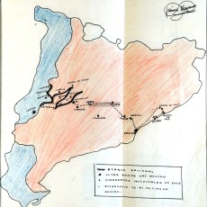 Mapa on s’assenyala la penetració de l’exèrcit franquista des del front de Balaguer cap a l’est i de l’itinerari que va fer Jaume Navarro des que va ser ferit fins l’arribada a l’hospital de Mataró, on seria fet presoner quan les tropes franquistes van ocupar la capital del Maresme el 27 de gener de 1939.