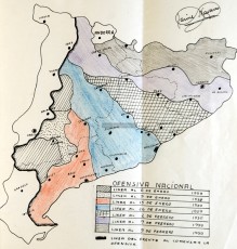Mapa on es detallen els diferents períodes de la penetració dels exèrcits franquistes a Catalunya des del front del sistema Noguera Pallaresa-Segre-Ebre entre el 6 de gener i el 9 de febrer de 1939.