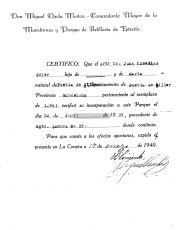 Certificat en què consta que Joan Casellas està destinat a la Maestranza de la Corunya des del 10 de juny del 1939, datada el 17 de gener del 1940.