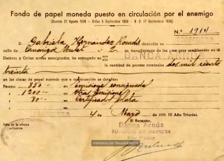 Document que certifica el lliurament a les autoritats franquistes de 2.130 pessetes en moneda republicana. El document du la data de 4 de maig de 1939.