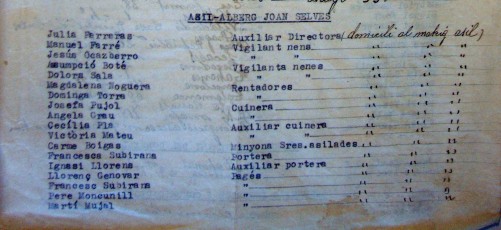 Llista de treballadors/es de l'Asil Alberg Joan Selves durant la guerra.