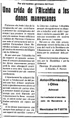 "Una crida de l'Alcaldia a les dones manresanes". Diari El Dia, 01/10/1936