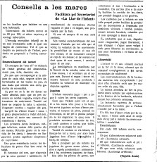 "Consells a les mares" facilitats pel Secretariat de La Llar de l'Infant. El Pla de Bages, 11/03/1937