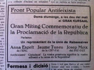 Anunci del míting commemoratiu de la proclamació de la República. Diari UGT, 16/04/1938