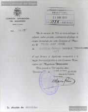 Selecció de fulls de l'expedient de depuració del mestre Pere Aloy Anell i diversa documentació referida a la seva activitat i a la seva depuració: nomenament i presa de possessió a Manresa, presentació a les autoritats franquistes el 17/5/1939, notificació de l'alcalde de Manresa al cap de la secció administrativa de primera ensenyança de la província de Barcelona de l'arribada de Pere Aloy Anell a la ciutat, carta de l'alcalde de Gironella al seu homòleg manresà on li confirma la bona conducta del mestre Pere Aloy Anell, full de serveis i càlcul de triennis. (Arxiu Comarcal del Bages, Archivo General de la Administración, Col·lecció particular família Aloy – Riera, Arxiu Municipal de Manresa)