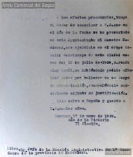 Selecció de fulls de l'expedient de depuració del mestre Pere Aloy Anell i diversa documentació referida a la seva activitat i a la seva depuració: nomenament i presa de possessió a Manresa, presentació a les autoritats franquistes el 17/5/1939, notificació de l'alcalde de Manresa al cap de la secció administrativa de primera ensenyança de la província de Barcelona de l'arribada de Pere Aloy Anell a la ciutat, carta de l'alcalde de Gironella al seu homòleg manresà on li confirma la bona conducta del mestre Pere Aloy Anell, full de serveis i càlcul de triennis. (Arxiu Comarcal del Bages, Archivo General de la Administración, Col·lecció particular família Aloy – Riera, Arxiu Municipal de Manresa)