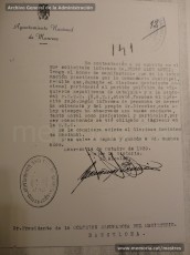 Selecció de fulls de l'expedient de depuració del mestre Pere Aloy Anell i diversa documentació referida a la seva activitat i a la seva depuració: nomenament i presa de possessió a Manresa, presentació a les autoritats franquistes el 17/5/1939, notificació de l'alcalde de Manresa al cap de la secció administrativa de primera ensenyança de la província de Barcelona de l'arribada de Pere Aloy Anell a la ciutat, carta de l'alcalde de Gironella al seu homòleg manresà on li confirma la bona conducta del mestre Pere Aloy Anell, full de serveis i càlcul de triennis. (Arxiu Comarcal del Bages, Archivo General de la Administración, Col·lecció particular família Aloy – Riera, Arxiu Municipal de Manresa)