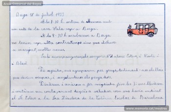 1933: diari de la primera i segona tandes de les colònies escolars fetes a Berga l’estiu de 1933, organitzades per l’Ajuntament de Manresa, on s’expliquen les activitats fetes durant el dia. També s’hi pot veure una selecció de treballs dels alumnes impressos amb la impremta escolar seguint el mètode Freinet. (Arxiu Comarcal del Bages)