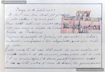 1933: diari de la primera i segona tandes de les colònies escolars fetes a Berga l’estiu de 1933, organitzades per l’Ajuntament de Manresa, on s’expliquen les activitats fetes durant el dia. També s’hi pot veure una selecció de treballs dels alumnes impressos amb la impremta escolar seguint el mètode Freinet. (Arxiu Comarcal del Bages)