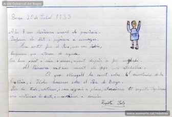1933: diari de la primera i segona tandes de les colònies escolars fetes a Berga l’estiu de 1933, organitzades per l’Ajuntament de Manresa, on s’expliquen les activitats fetes durant el dia. També s’hi pot veure una selecció de treballs dels alumnes impressos amb la impremta escolar seguint el mètode Freinet. (Arxiu Comarcal del Bages)