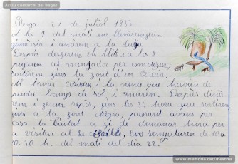 1933: diari de la primera i segona tandes de les colònies escolars fetes a Berga l’estiu de 1933, organitzades per l’Ajuntament de Manresa, on s’expliquen les activitats fetes durant el dia. També s’hi pot veure una selecció de treballs dels alumnes impressos amb la impremta escolar seguint el mètode Freinet. (Arxiu Comarcal del Bages)