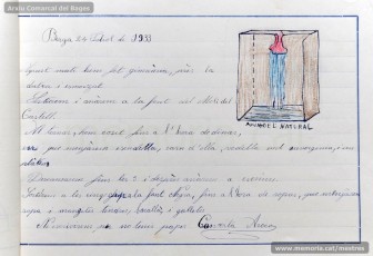 1933: diari de la primera i segona tandes de les colònies escolars fetes a Berga l’estiu de 1933, organitzades per l’Ajuntament de Manresa, on s’expliquen les activitats fetes durant el dia. També s’hi pot veure una selecció de treballs dels alumnes impressos amb la impremta escolar seguint el mètode Freinet. (Arxiu Comarcal del Bages)