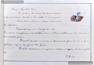 1933: diari de la primera i segona tandes de les colònies escolars fetes a Berga l’estiu de 1933, organitzades per l’Ajuntament de Manresa, on s’expliquen les activitats fetes durant el dia. També s’hi pot veure una selecció de treballs dels alumnes impressos amb la impremta escolar seguint el mètode Freinet. (Arxiu Comarcal del Bages)