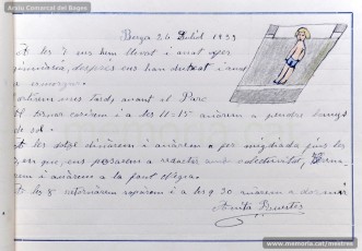 1933: diario del primer y segundo turnos de las colonias escolares llevadas a cabo en Berga en el verano de 1933, organizadas por el Ayuntamiento de Manresa, donde se explican las actividades realizadas durante el día. También se puede ver una selección de trabajos de los alumnos impresos con la imprenta escolar siguiendo el método Freinet. (Arxiu Comarcal del Bages)