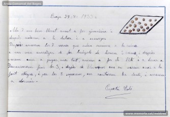 1933: diari de la primera i segona tandes de les colònies escolars fetes a Berga l’estiu de 1933, organitzades per l’Ajuntament de Manresa, on s’expliquen les activitats fetes durant el dia. També s’hi pot veure una selecció de treballs dels alumnes impressos amb la impremta escolar seguint el mètode Freinet. (Arxiu Comarcal del Bages)