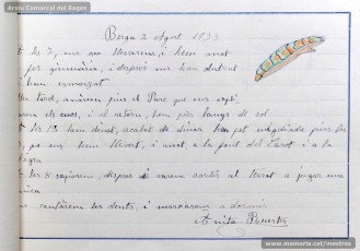 1933: diari de la primera i segona tandes de les colònies escolars fetes a Berga l’estiu de 1933, organitzades per l’Ajuntament de Manresa, on s’expliquen les activitats fetes durant el dia. També s’hi pot veure una selecció de treballs dels alumnes impressos amb la impremta escolar seguint el mètode Freinet. (Arxiu Comarcal del Bages)
