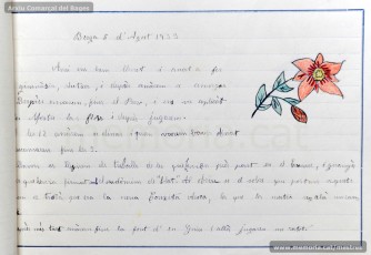 1933: diari de la primera i segona tandes de les colònies escolars fetes a Berga l’estiu de 1933, organitzades per l’Ajuntament de Manresa, on s’expliquen les activitats fetes durant el dia. També s’hi pot veure una selecció de treballs dels alumnes impressos amb la impremta escolar seguint el mètode Freinet. (Arxiu Comarcal del Bages)
