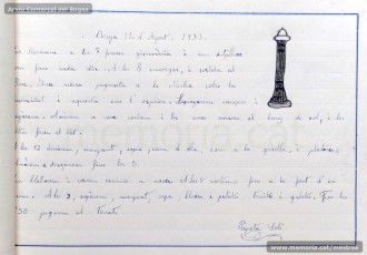 1933: diari de la primera i segona tandes de les colònies escolars fetes a Berga l’estiu de 1933, organitzades per l’Ajuntament de Manresa, on s’expliquen les activitats fetes durant el dia. També s’hi pot veure una selecció de treballs dels alumnes impressos amb la impremta escolar seguint el mètode Freinet. (Arxiu Comarcal del Bages)