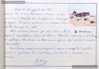 1933: diari de la primera i segona tandes de les colònies escolars fetes a Berga l’estiu de 1933, organitzades per l’Ajuntament de Manresa, on s’expliquen les activitats fetes durant el dia. També s’hi pot veure una selecció de treballs dels alumnes impressos amb la impremta escolar seguint el mètode Freinet. (Arxiu Comarcal del Bages)