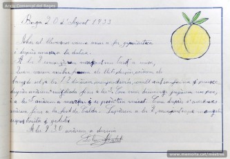 1933: diari de la primera i segona tandes de les colònies escolars fetes a Berga l’estiu de 1933, organitzades per l’Ajuntament de Manresa, on s’expliquen les activitats fetes durant el dia. També s’hi pot veure una selecció de treballs dels alumnes impressos amb la impremta escolar seguint el mètode Freinet. (Arxiu Comarcal del Bages)