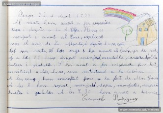 1933: diari de la primera i segona tandes de les colònies escolars fetes a Berga l’estiu de 1933, organitzades per l’Ajuntament de Manresa, on s’expliquen les activitats fetes durant el dia. També s’hi pot veure una selecció de treballs dels alumnes impressos amb la impremta escolar seguint el mètode Freinet. (Arxiu Comarcal del Bages)