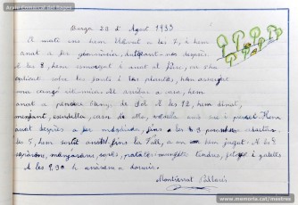1933: diari de la primera i segona tandes de les colònies escolars fetes a Berga l’estiu de 1933, organitzades per l’Ajuntament de Manresa, on s’expliquen les activitats fetes durant el dia. També s’hi pot veure una selecció de treballs dels alumnes impressos amb la impremta escolar seguint el mètode Freinet. (Arxiu Comarcal del Bages)