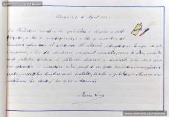 1933: diari de la primera i segona tandes de les colònies escolars fetes a Berga l’estiu de 1933, organitzades per l’Ajuntament de Manresa, on s’expliquen les activitats fetes durant el dia. També s’hi pot veure una selecció de treballs dels alumnes impressos amb la impremta escolar seguint el mètode Freinet. (Arxiu Comarcal del Bages)