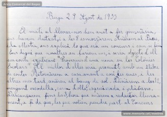 1933: diari de la primera i segona tandes de les colònies escolars fetes a Berga l’estiu de 1933, organitzades per l’Ajuntament de Manresa, on s’expliquen les activitats fetes durant el dia. També s’hi pot veure una selecció de treballs dels alumnes impressos amb la impremta escolar seguint el mètode Freinet. (Arxiu Comarcal del Bages)