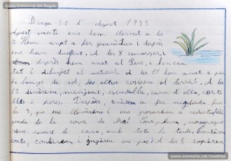 1933: diari de la primera i segona tandes de les colònies escolars fetes a Berga l’estiu de 1933, organitzades per l’Ajuntament de Manresa, on s’expliquen les activitats fetes durant el dia. També s’hi pot veure una selecció de treballs dels alumnes impressos amb la impremta escolar seguint el mètode Freinet. (Arxiu Comarcal del Bages)