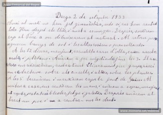 1933: diari de la primera i segona tandes de les colònies escolars fetes a Berga l’estiu de 1933, organitzades per l’Ajuntament de Manresa, on s’expliquen les activitats fetes durant el dia. També s’hi pot veure una selecció de treballs dels alumnes impressos amb la impremta escolar seguint el mètode Freinet. (Arxiu Comarcal del Bages)