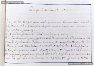 1933: diari de la primera i segona tandes de les colònies escolars fetes a Berga l’estiu de 1933, organitzades per l’Ajuntament de Manresa, on s’expliquen les activitats fetes durant el dia. També s’hi pot veure una selecció de treballs dels alumnes impressos amb la impremta escolar seguint el mètode Freinet. (Arxiu Comarcal del Bages)