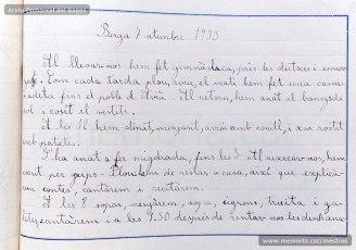 1933: diario del primer y segundo turnos de las colonias escolares llevadas a cabo en Berga en el verano de 1933, organizadas por el Ayuntamiento de Manresa, donde se explican las actividades realizadas durante el día. También se puede ver una selección de trabajos de los alumnos impresos con la imprenta escolar siguiendo el método Freinet. (Arxiu Comarcal del Bages)