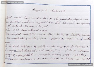 1933: diari de la primera i segona tandes de les colònies escolars fetes a Berga l’estiu de 1933, organitzades per l’Ajuntament de Manresa, on s’expliquen les activitats fetes durant el dia. També s’hi pot veure una selecció de treballs dels alumnes impressos amb la impremta escolar seguint el mètode Freinet. (Arxiu Comarcal del Bages)