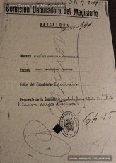 Selección de páginas del expediente de depuración del maestro Hermenegild Lladó Bilarrúbies y acreditación que presenta a las autoridades franquistas el 21/2/1939 como muestra de haber ejercido de maestro en el Grup Escolar Renaixença desde el 12 de noviembre de 1934. (Arxiu Comarcal del Bages, Archivo General de la Administración y Arxiu Municipal de Manres