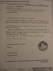 Selección de páginas del expediente de depuración del maestro Hermenegild Lladó Bilarrúbies y acreditación que presenta a las autoridades franquistas el 21/2/1939 como muestra de haber ejercido de maestro en el Grup Escolar Renaixença desde el 12 de noviembre de 1934. (Arxiu Comarcal del Bages, Archivo General de la Administración y Arxiu Municipal de Manres